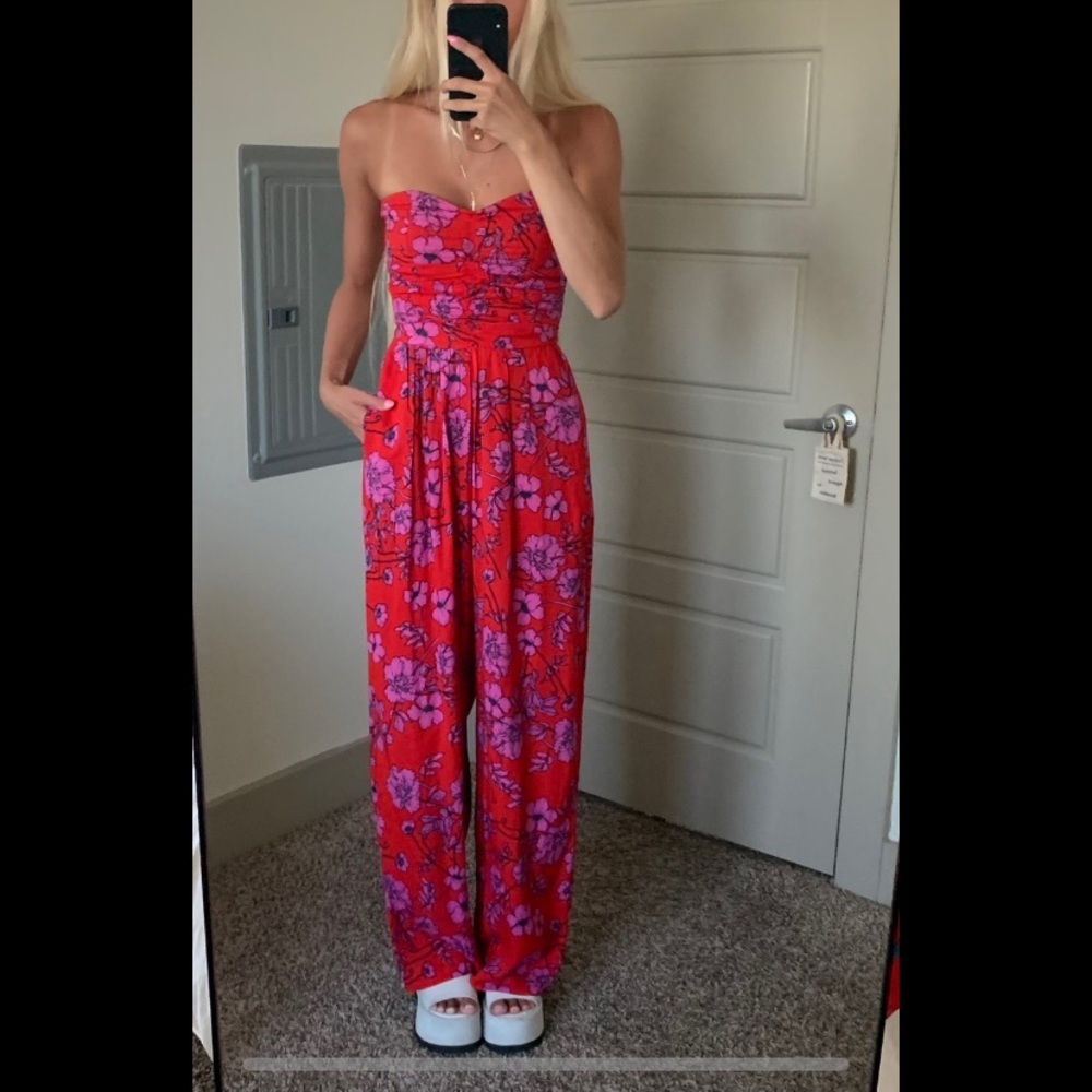 Strapless Red and Pink Floral Romper